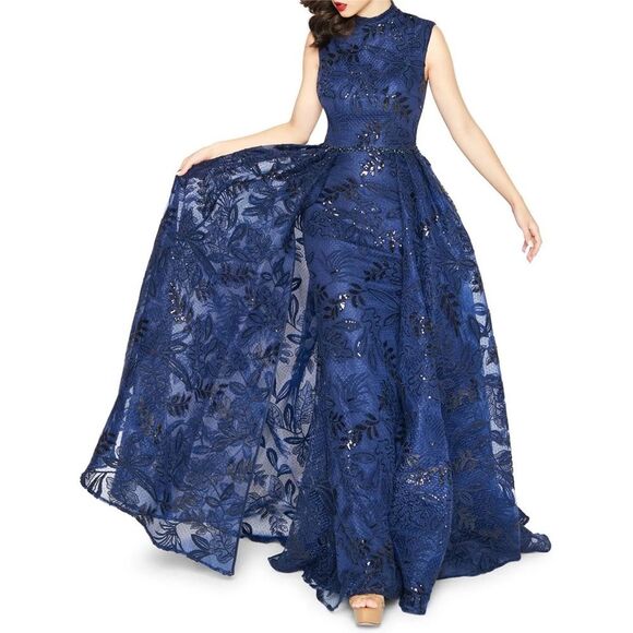 Mac Duggal 20098 Size 14 High Mock-Neck Beaded Column Gown with Overskirt, Navy - Picture 2 of 14